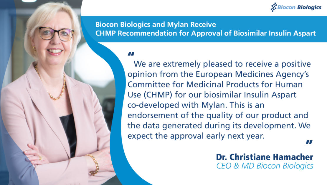 Biocon Biologics and Mylan Receive CHMP Recommendation for Approval of Biosimilar Insulin Aspart