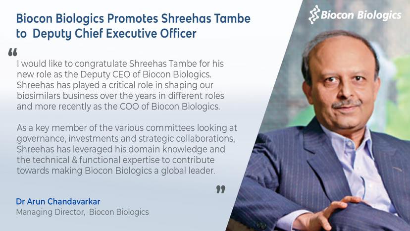Biocon Biologics Promotes Shreehas Tambe to Deputy Chief Executive Officer