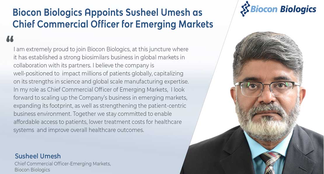 Biocon Biologics Appoints Susheel Umesh as Chief Commercial Officer for Emerging Markets